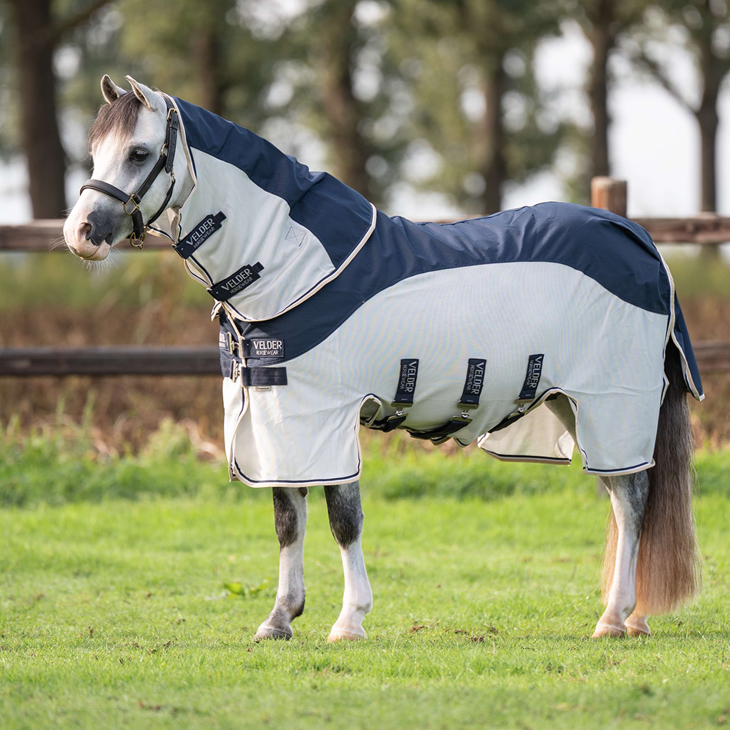 Velder Horsewear Premium Pony Fly Rug Waterproof-Top Navy/Pearl Silver