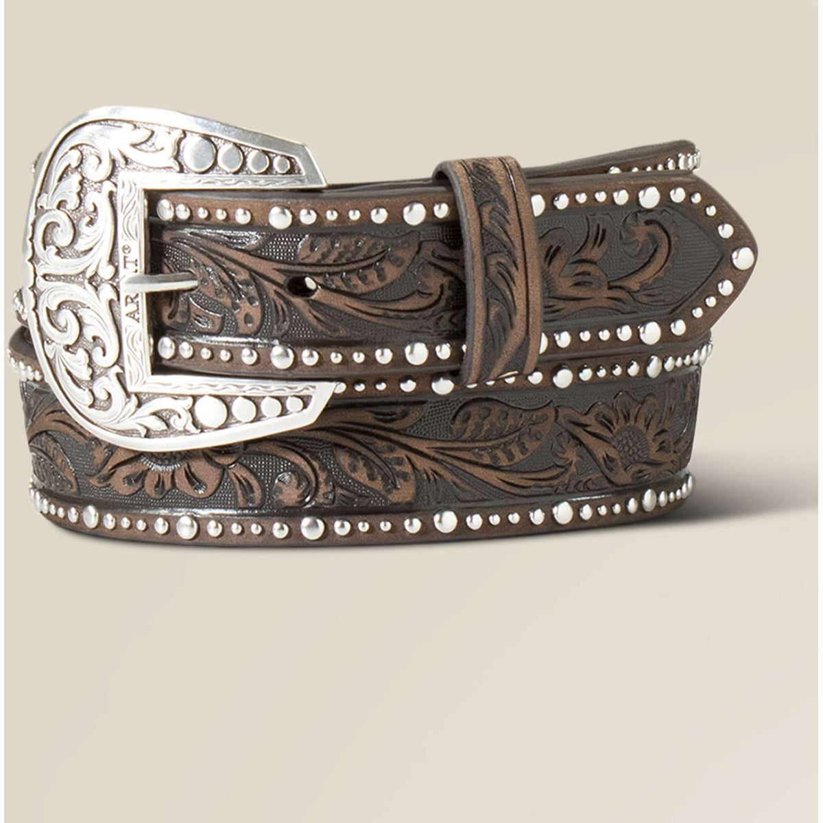 Ariat Belt Studded Tooled Embossed Brown