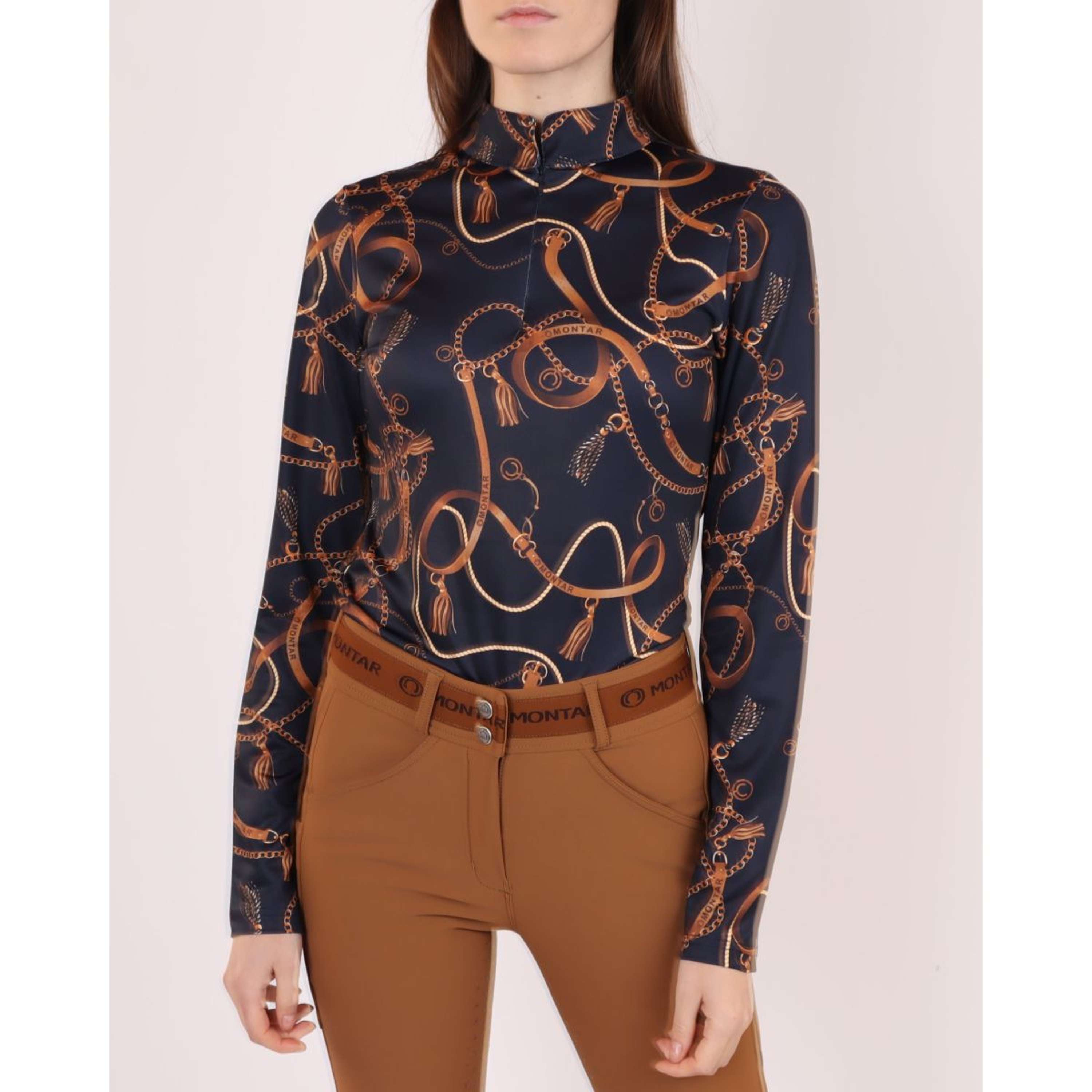 Montar Poloshirt Haily Birdle Print Long Sleeves Dark Navy