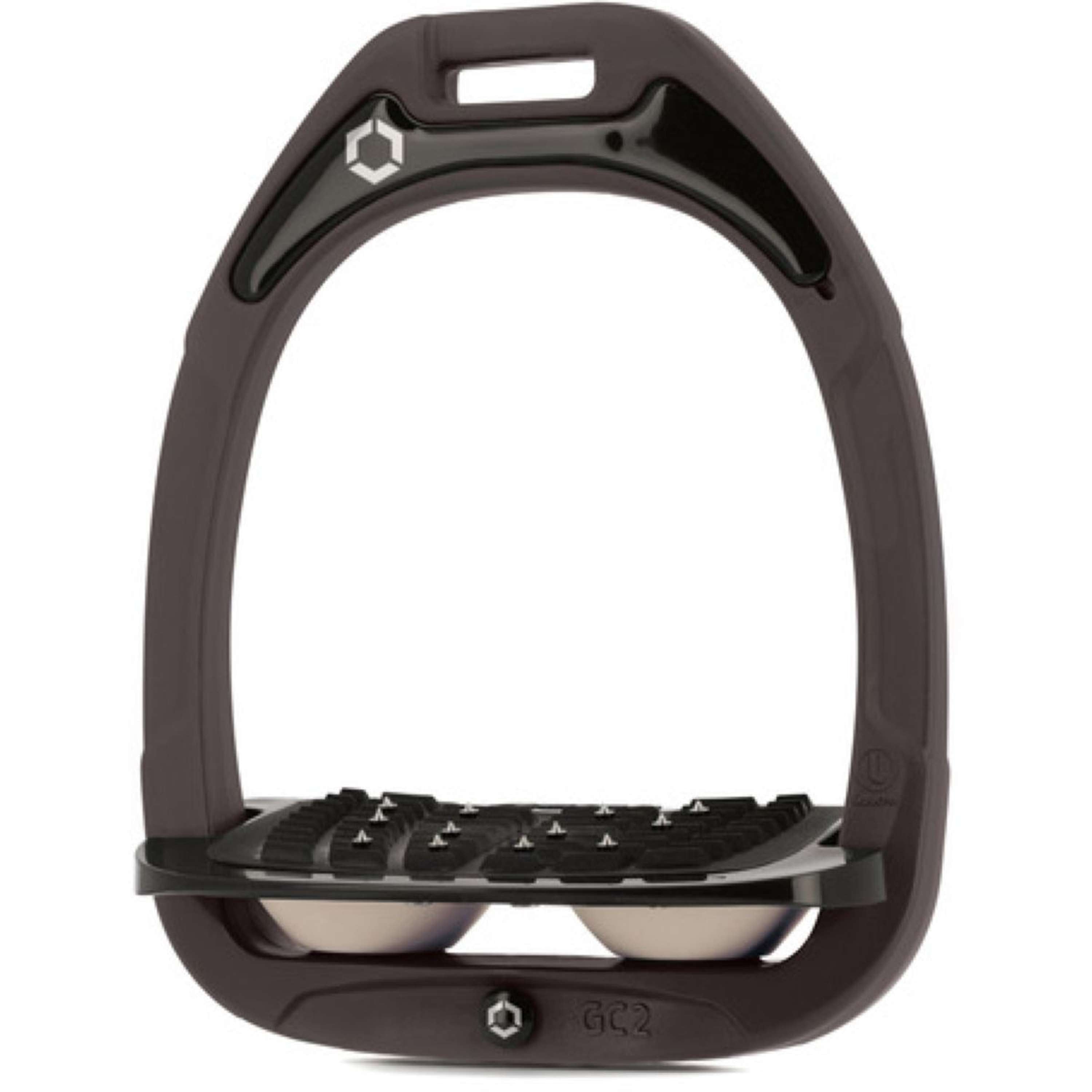 Flex-On Safety Stirrups Green Composite Inclined Ultra Grip Chocolate