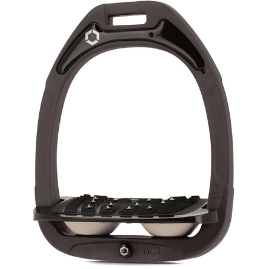 Flex-On Safety Stirrups Green Composite Inclined Ultra Grip Chocolate