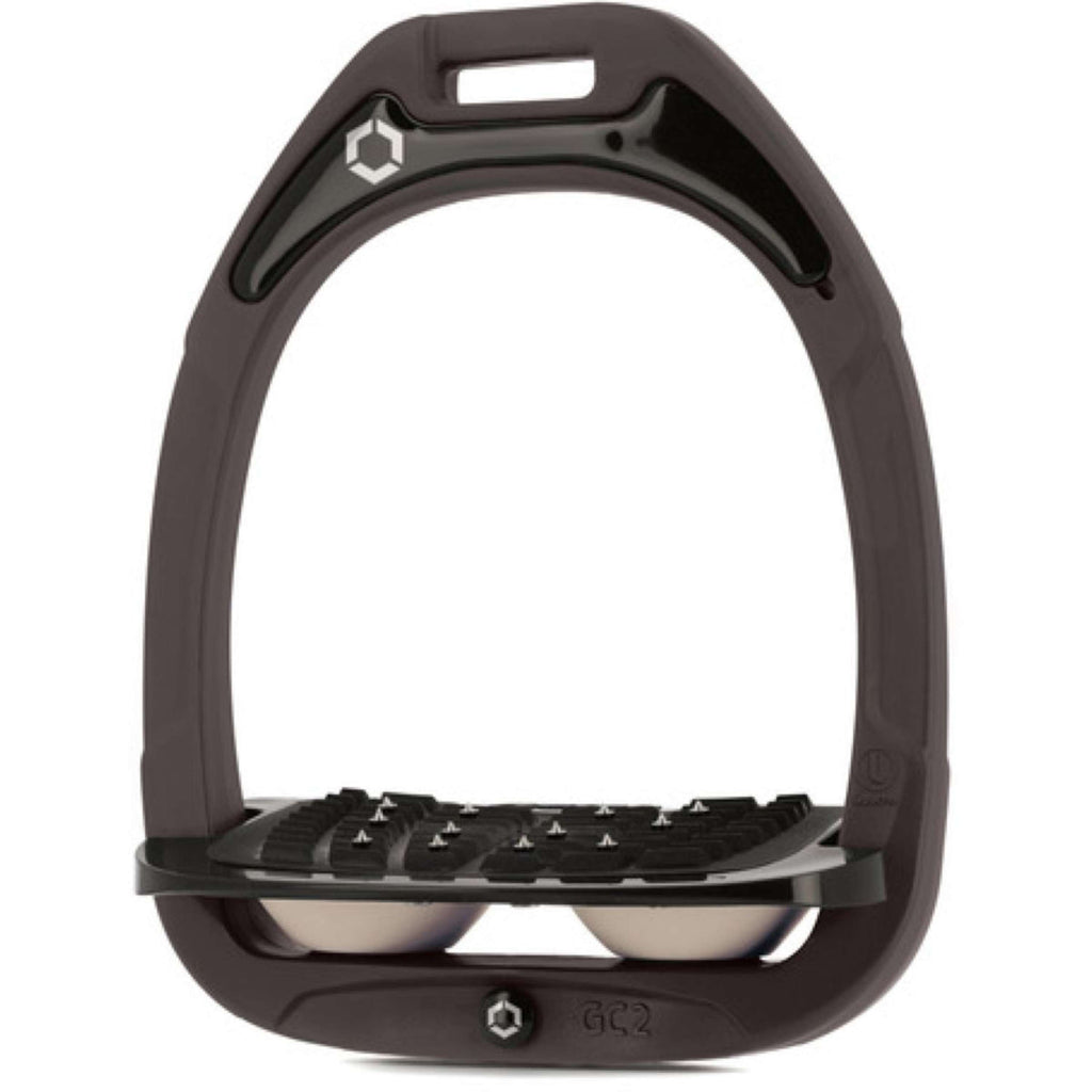 Flex-On Safety Stirrups Green Composite Inclined Ultra Grip Chocolate