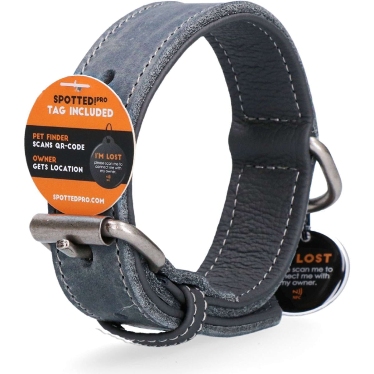 Spotted Pro! Dog Collar Leather Grey