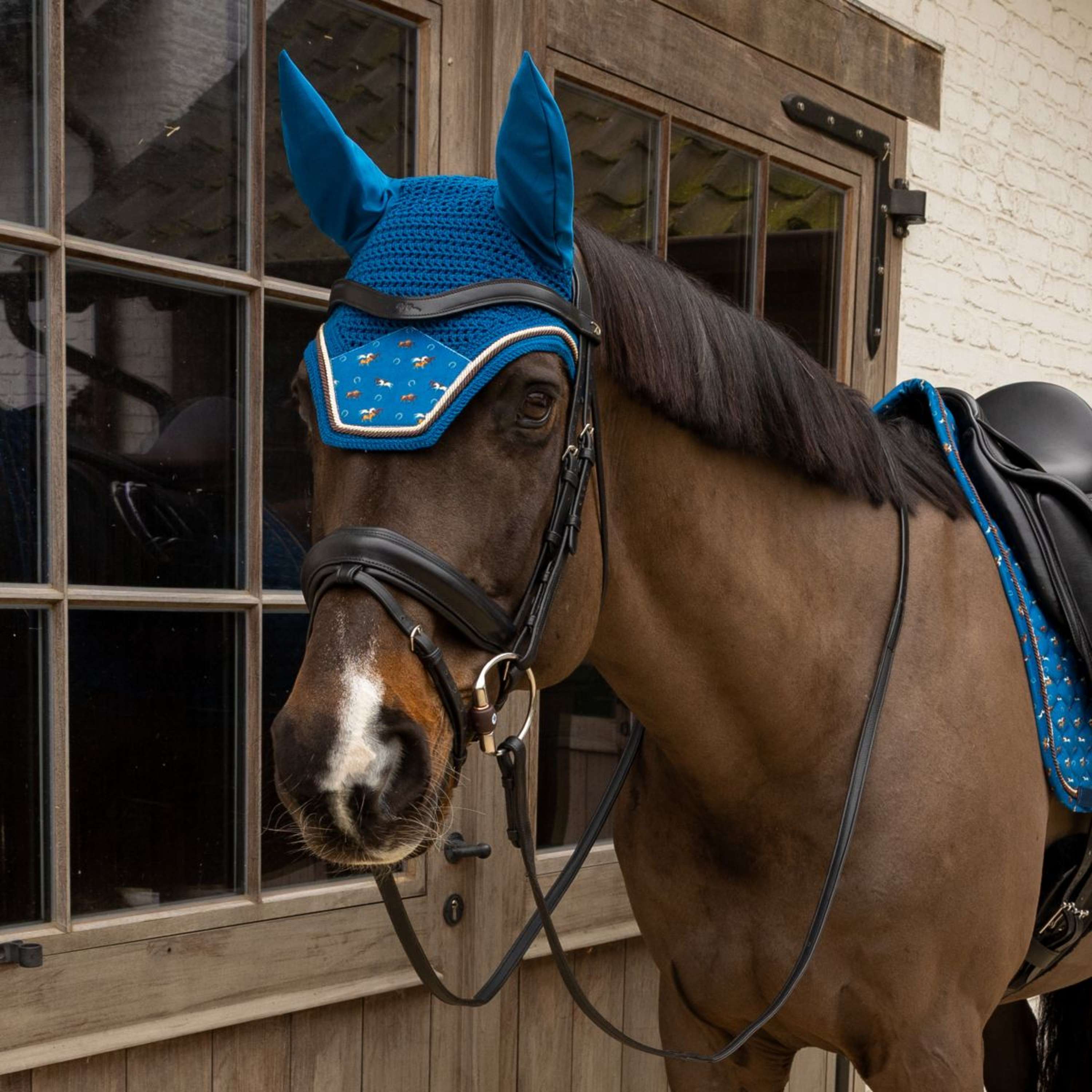 Kentucky Ear Bonnet Wellington Velvet Horse Printing Navy