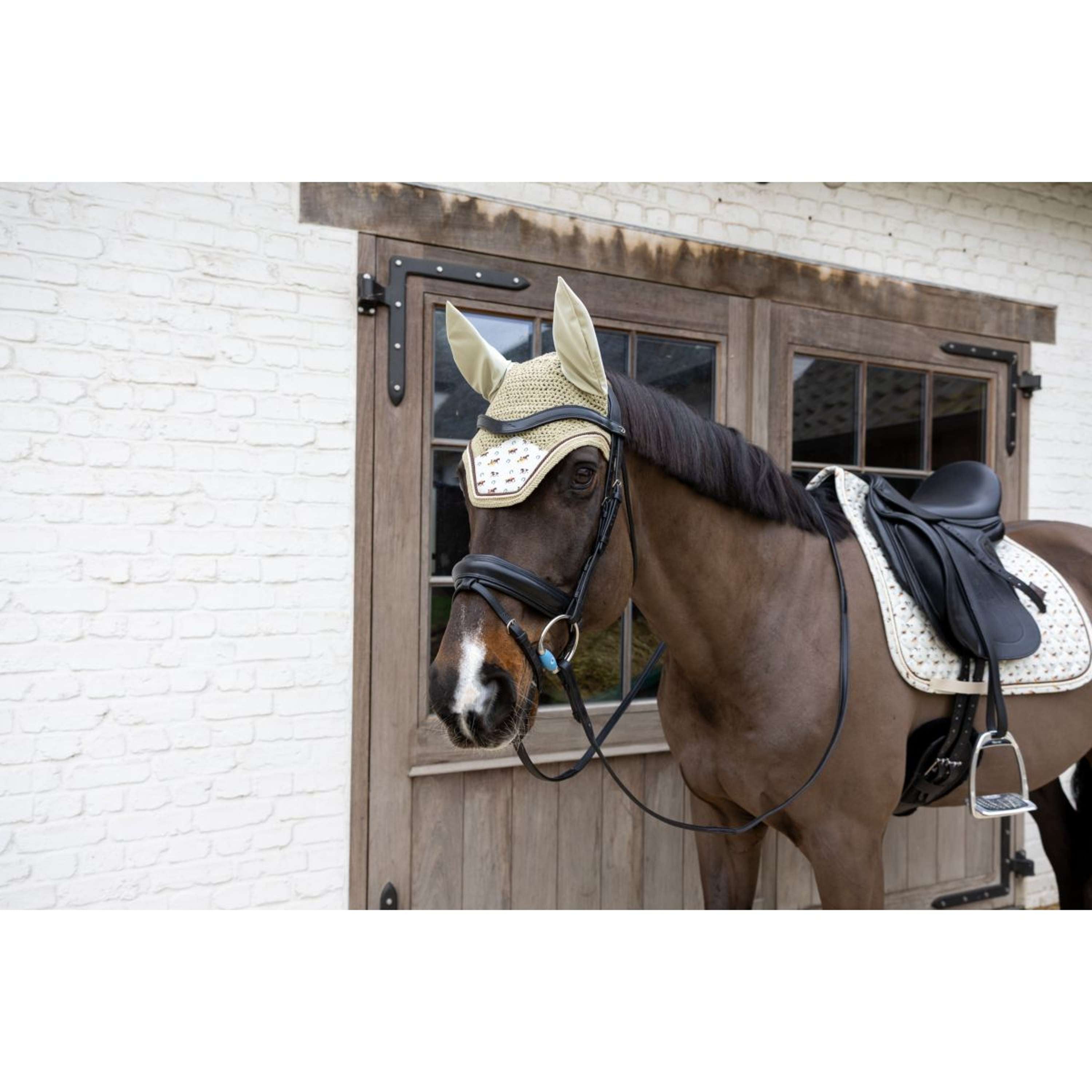 Kentucky Ear Bonnet Wellington Velvet Horse Printing Beige