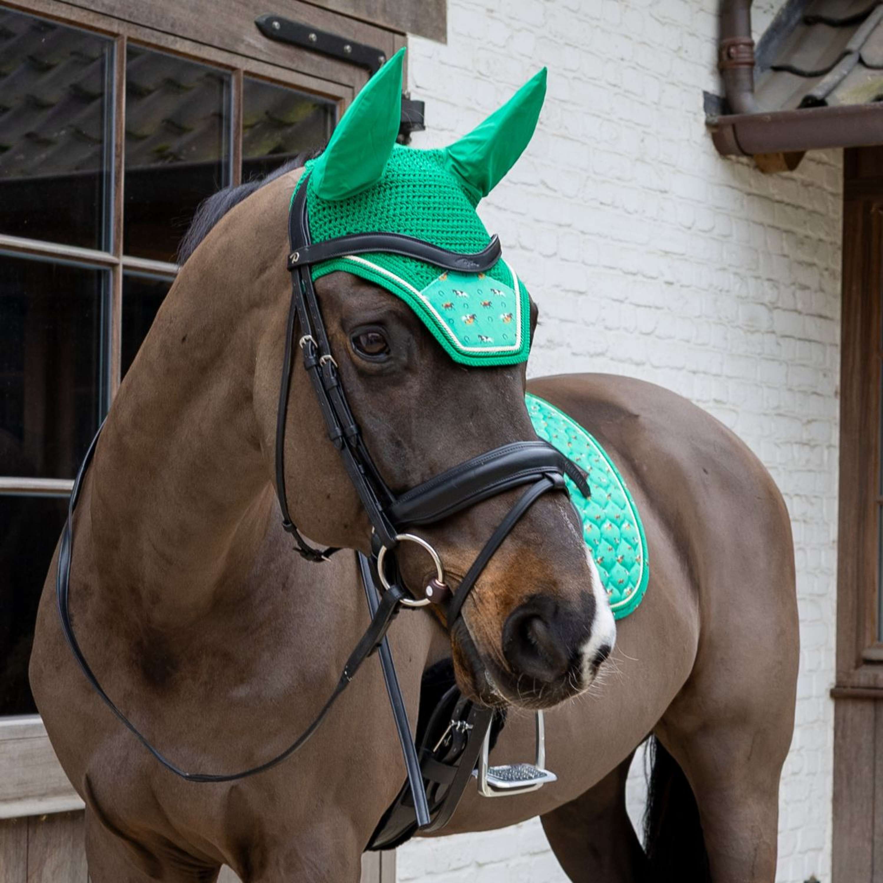Kentucky Ear Bonnet Wellington Velvet Horse Printing Green