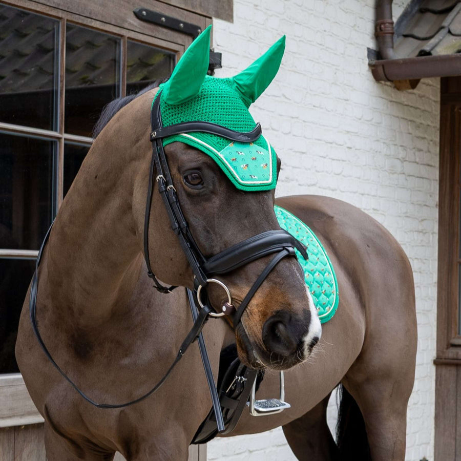 Kentucky Ear Bonnet Wellington Velvet Horse Printing Green