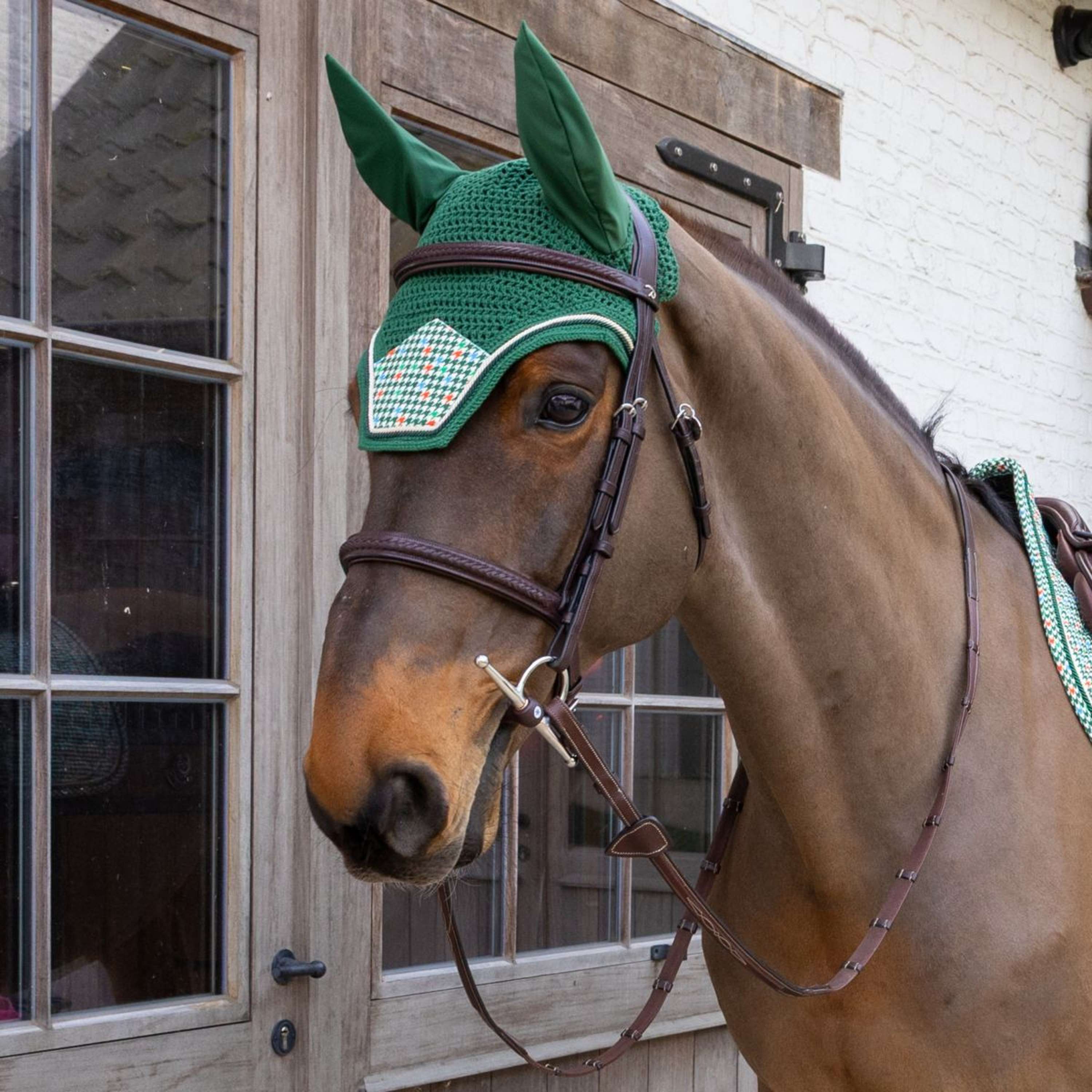 Kentucky Ear Bonnet Wellington Velvet Pied De Poule Dark green