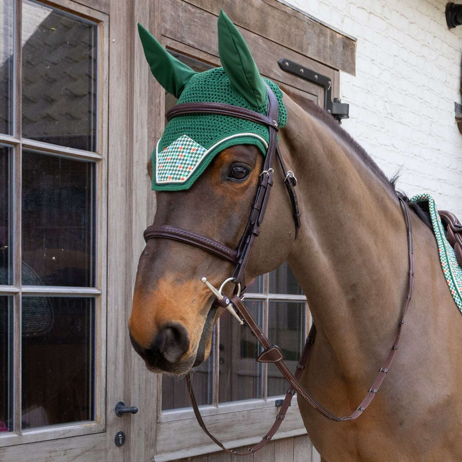 Kentucky Ear Bonnet Wellington Velvet Pied De Poule Dark green