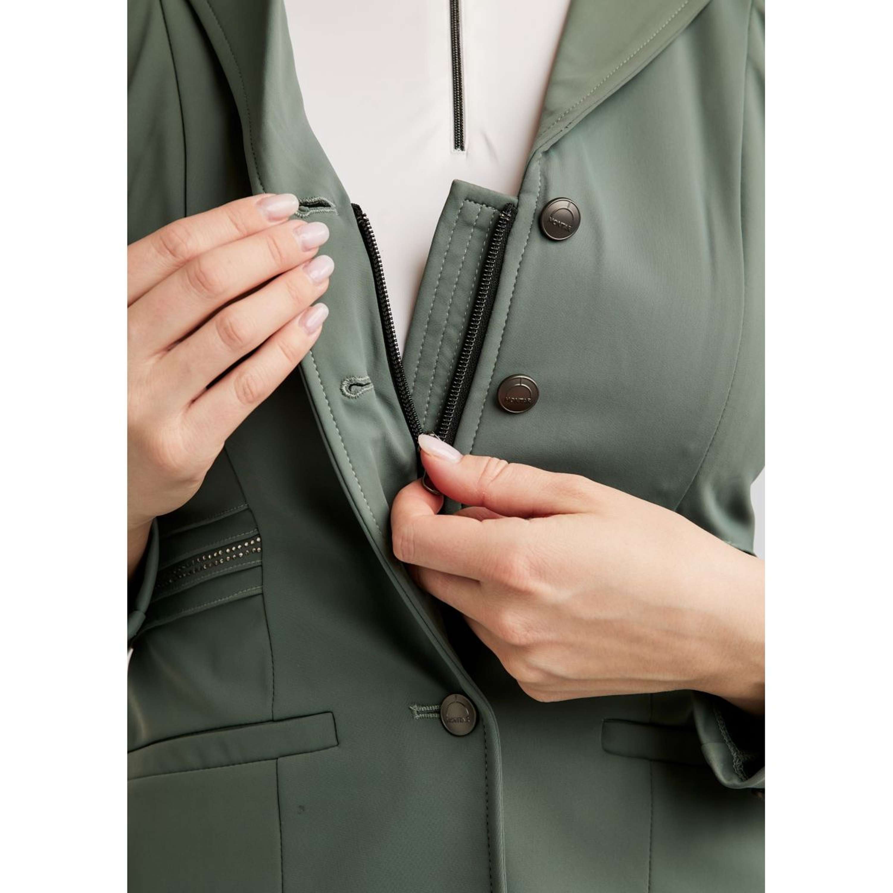 Montar Competition Jacket MoPearl Pintucks Gun Metal Crystals Jade