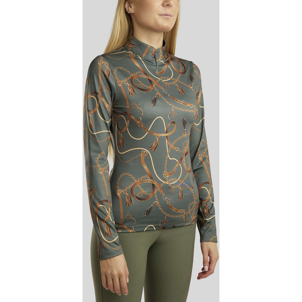 Montar Poloshirt Haily Bridle Print Long Sleeves Pine Green