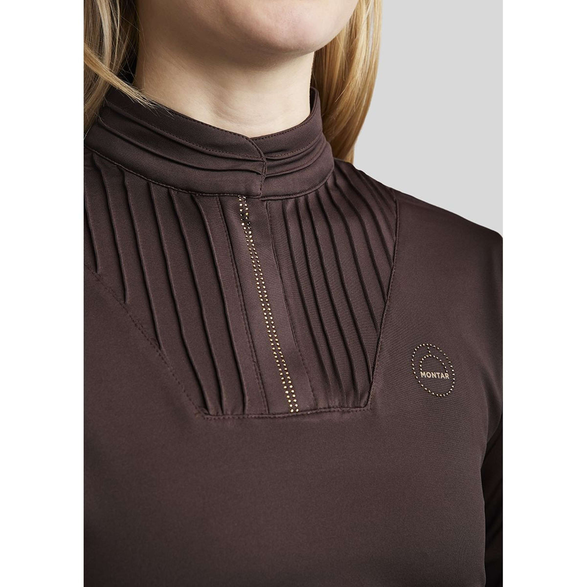 Montar Shirt MoRosie Pintucks Crystals Long Sleeves Brown