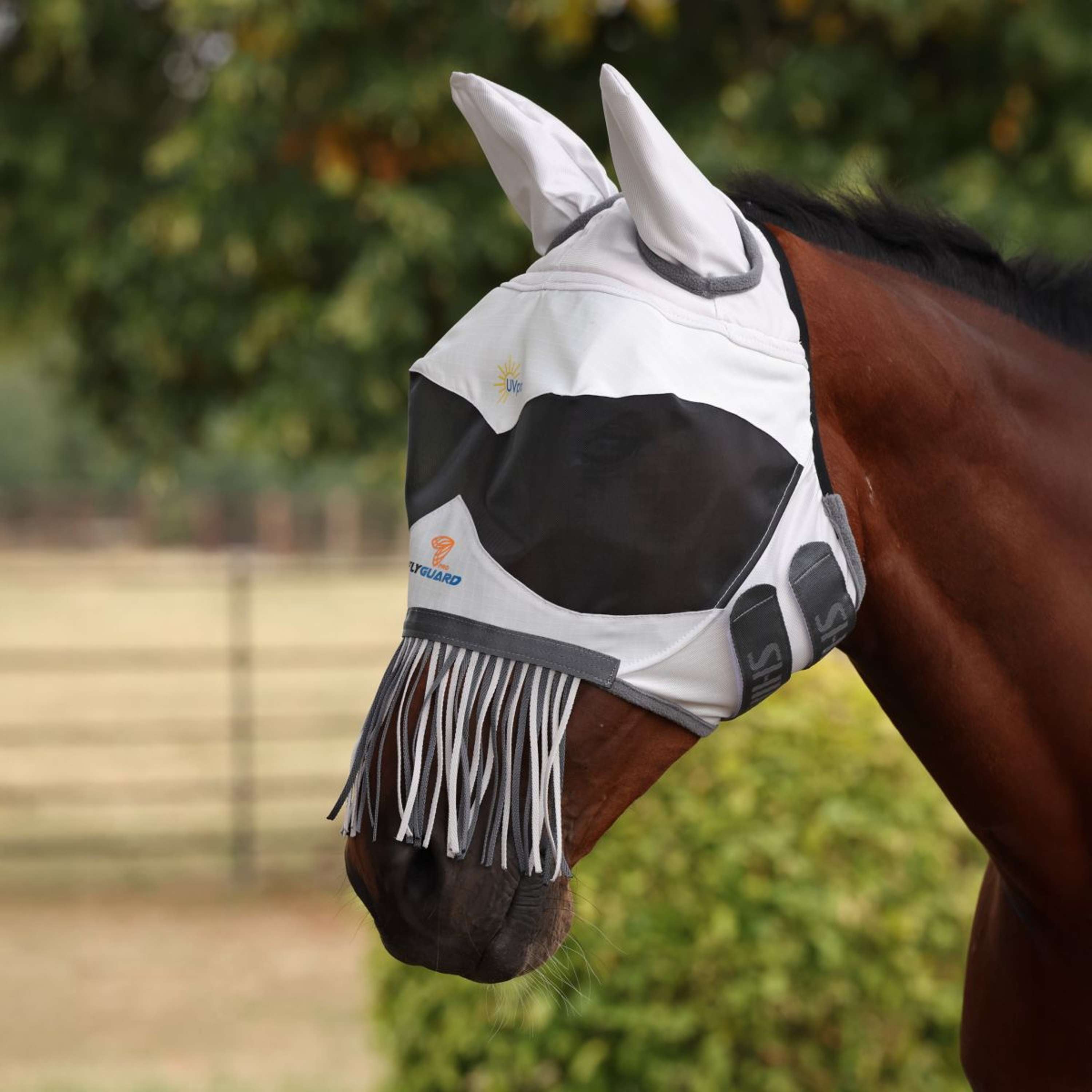 FlyGuard by Shires Fly Mask Pro Sun Shade with Ears and Tassels White