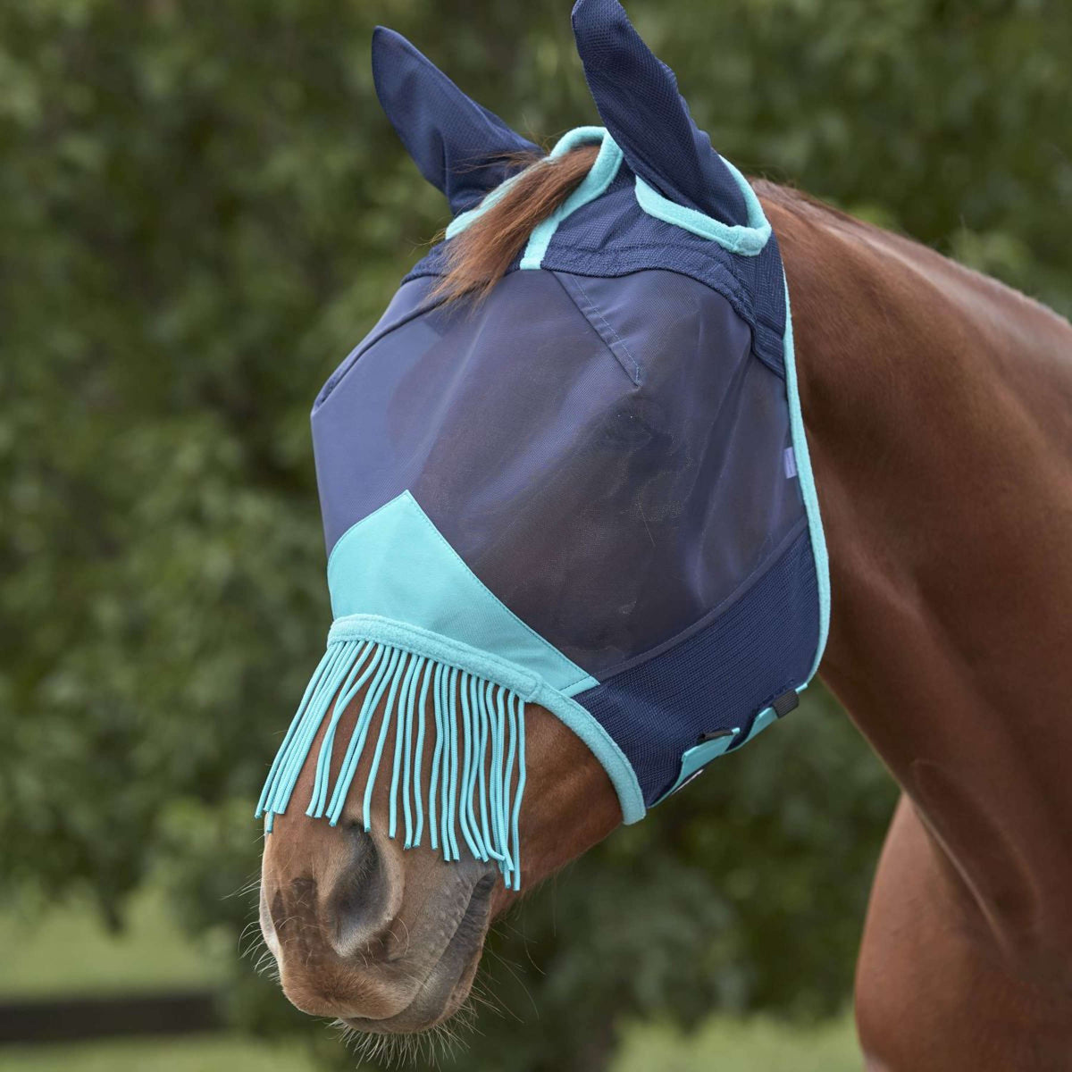 Weatherbeeta Fly Mask Comfitec Deluxe Fine Mesh with Ears and Tassels Navy/Turquoise